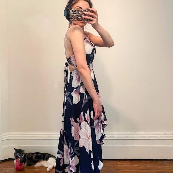 Dreamy, Dark Floral Surplice Maxi w/ Adjustable Crisscross Low Back - Picture 6 of 10